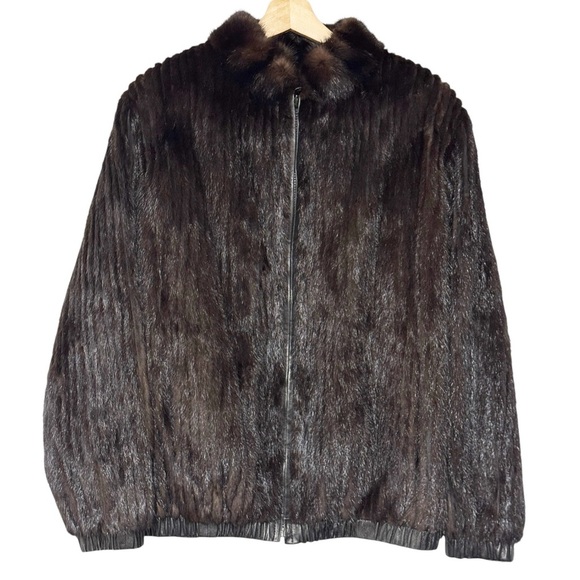 Vintage Dark Brown Sheered Mink Fur Coat Reversible Leather Bomber Jacket